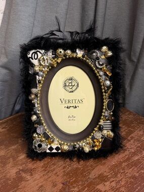 Veritas Black Feathered Jeweled Picture Frame with Gold Accents